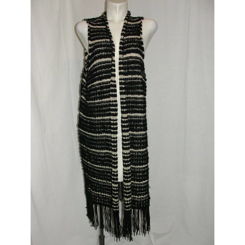 Black Gold metallic Long Open Sleeveless Fringe FARREN Vest BEAUTIFUL size 3 xl